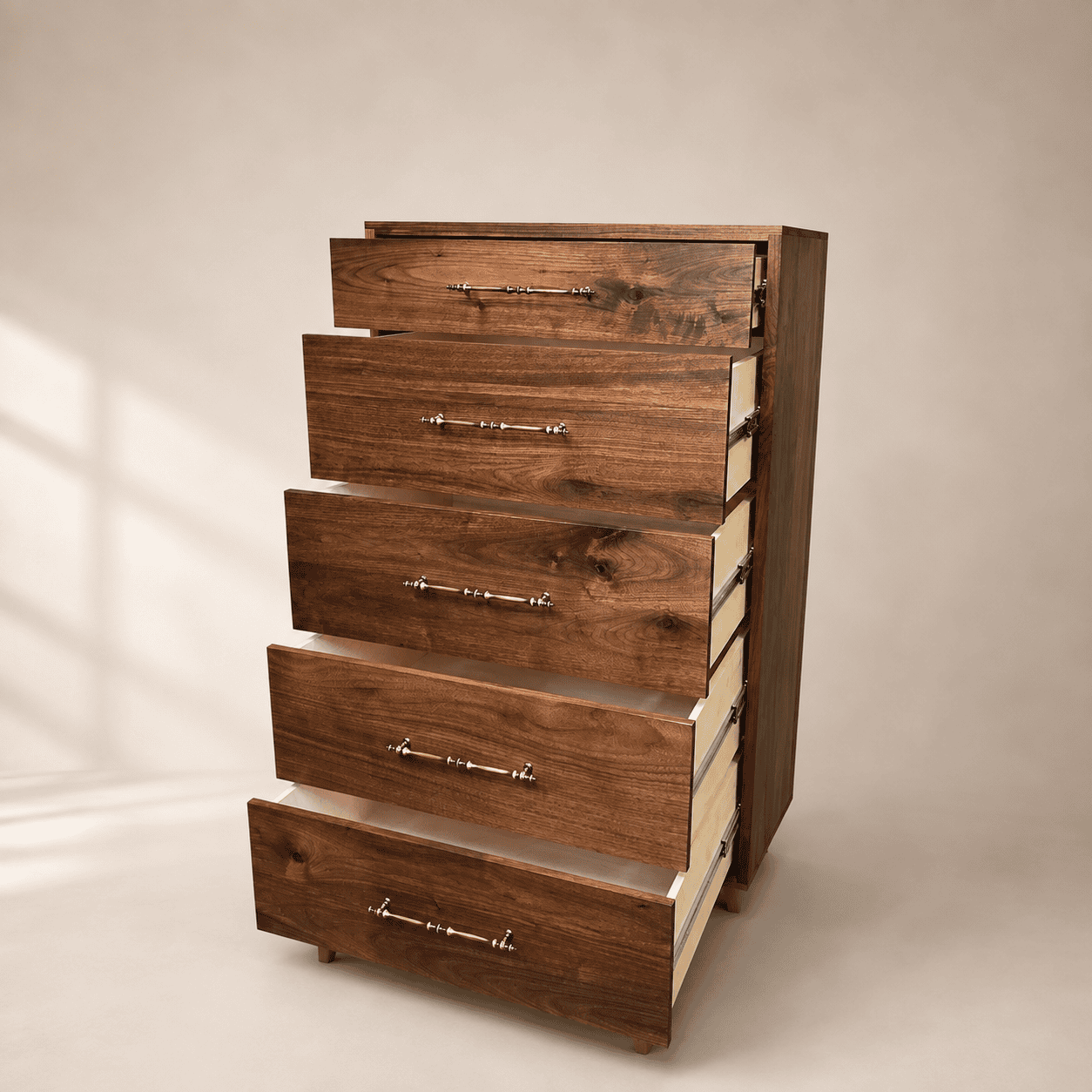 Angled view of a handcrafted walnut dresser with open drawers showing premium drawer boxes and soft-close hardware.