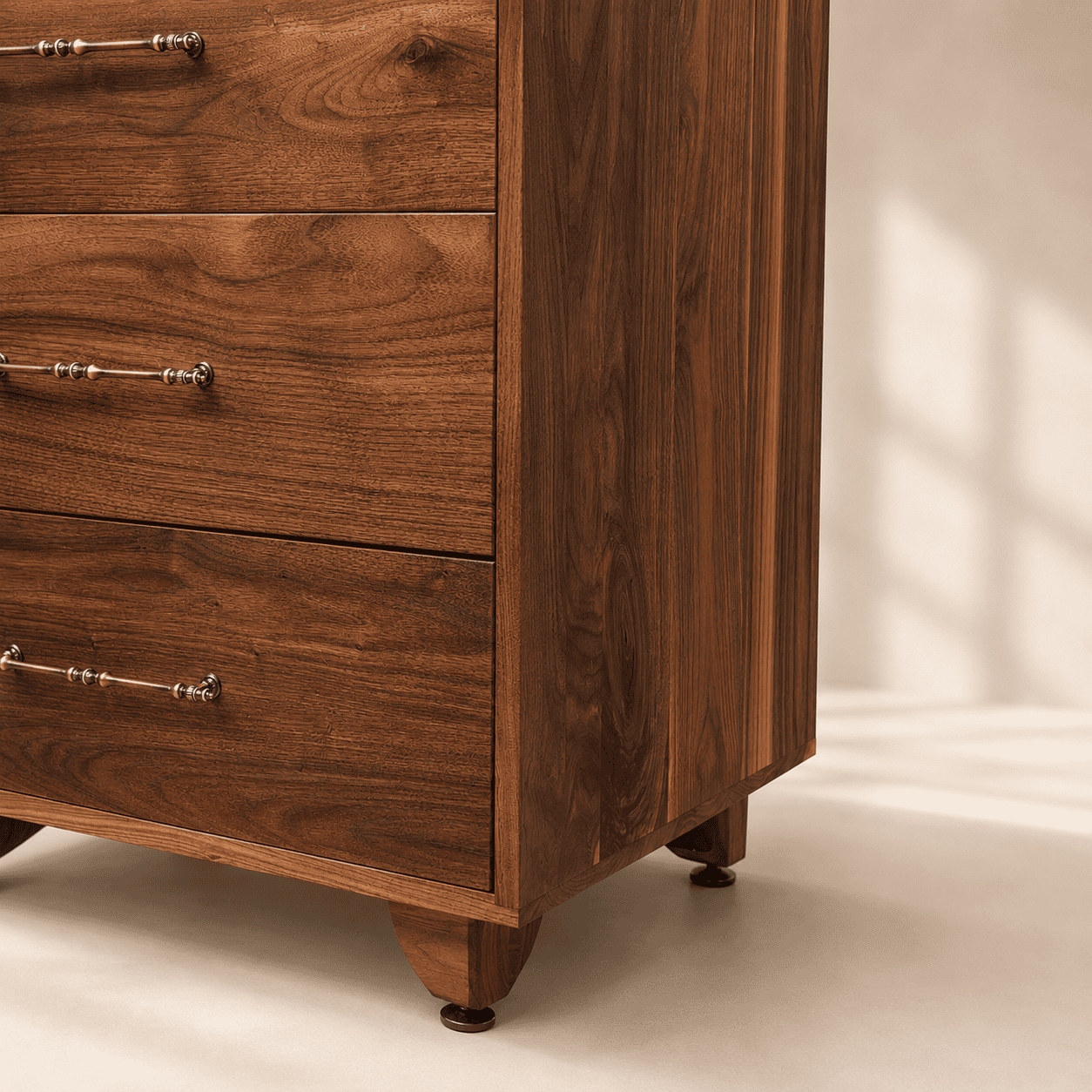 Close-up of the solid walnut side panel showcasing continuous grain, handcrafted construction, and premium wood selection.