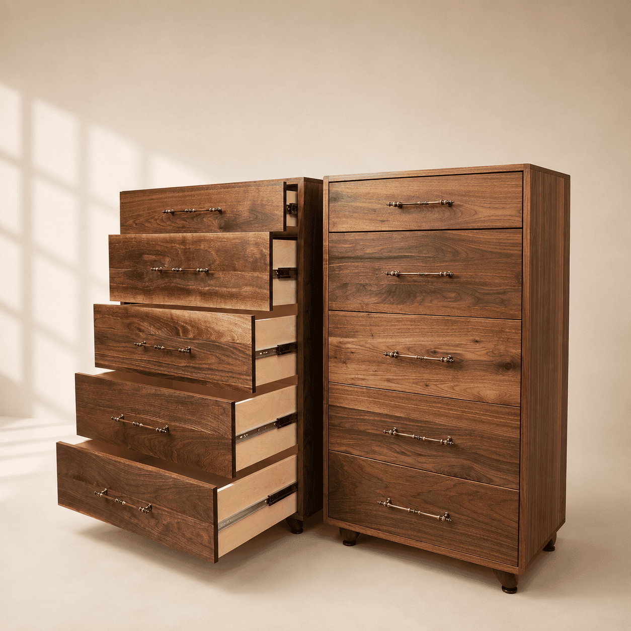 Handcrafted solid walnut dresser with multiple drawers open, revealing premium drawer construction and soft-close slides.