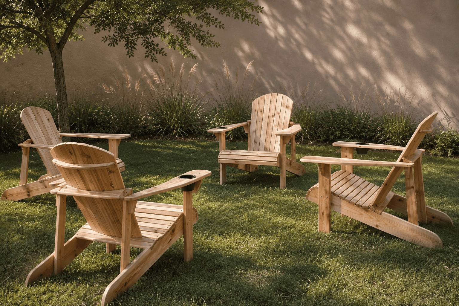 Four handcrafted cedar Adirondack chairs arranged outdoors with built-in cup holders
