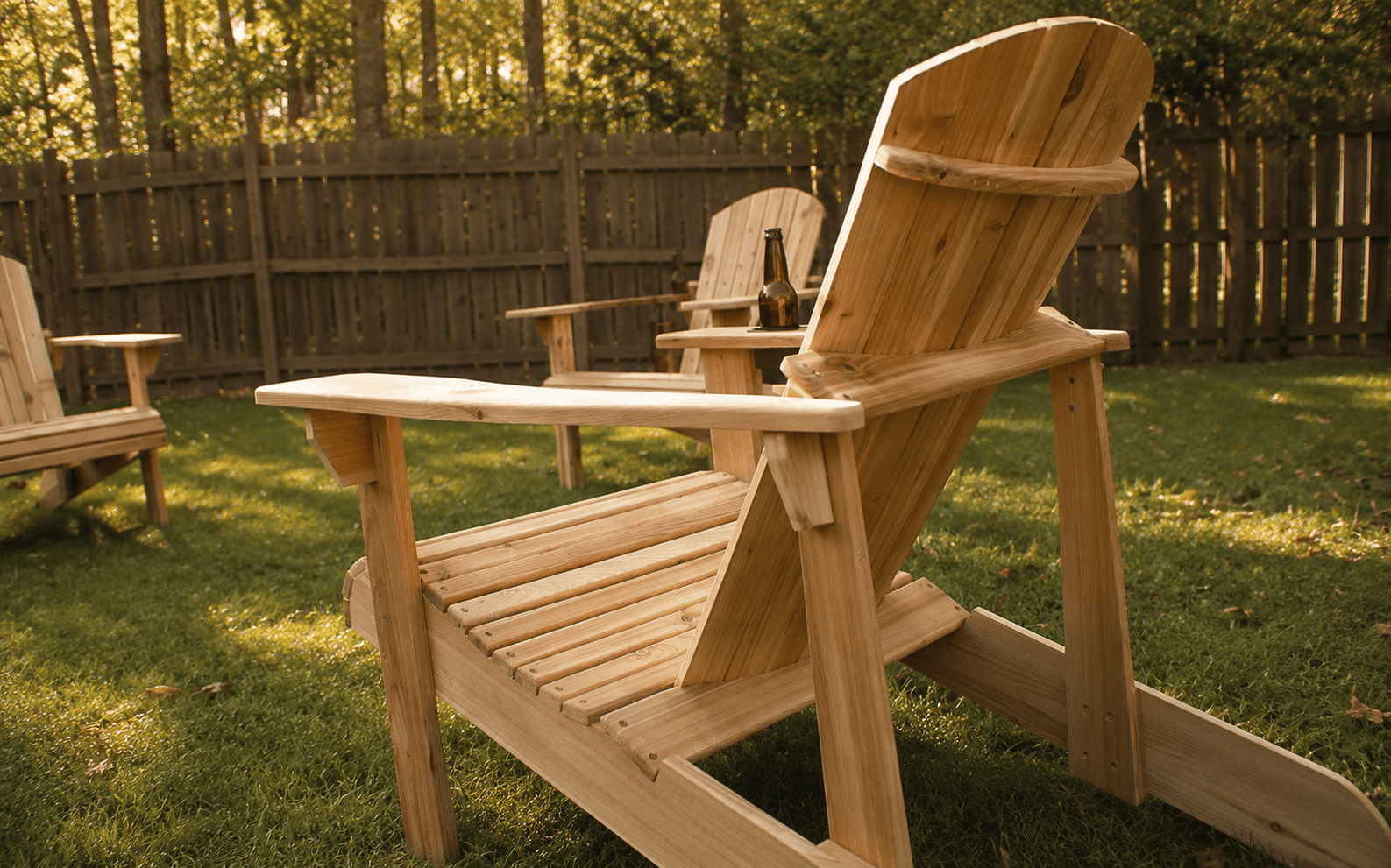 Rear view of handcrafted cedar Adirondack chair showing slatted seat and solid wood construction