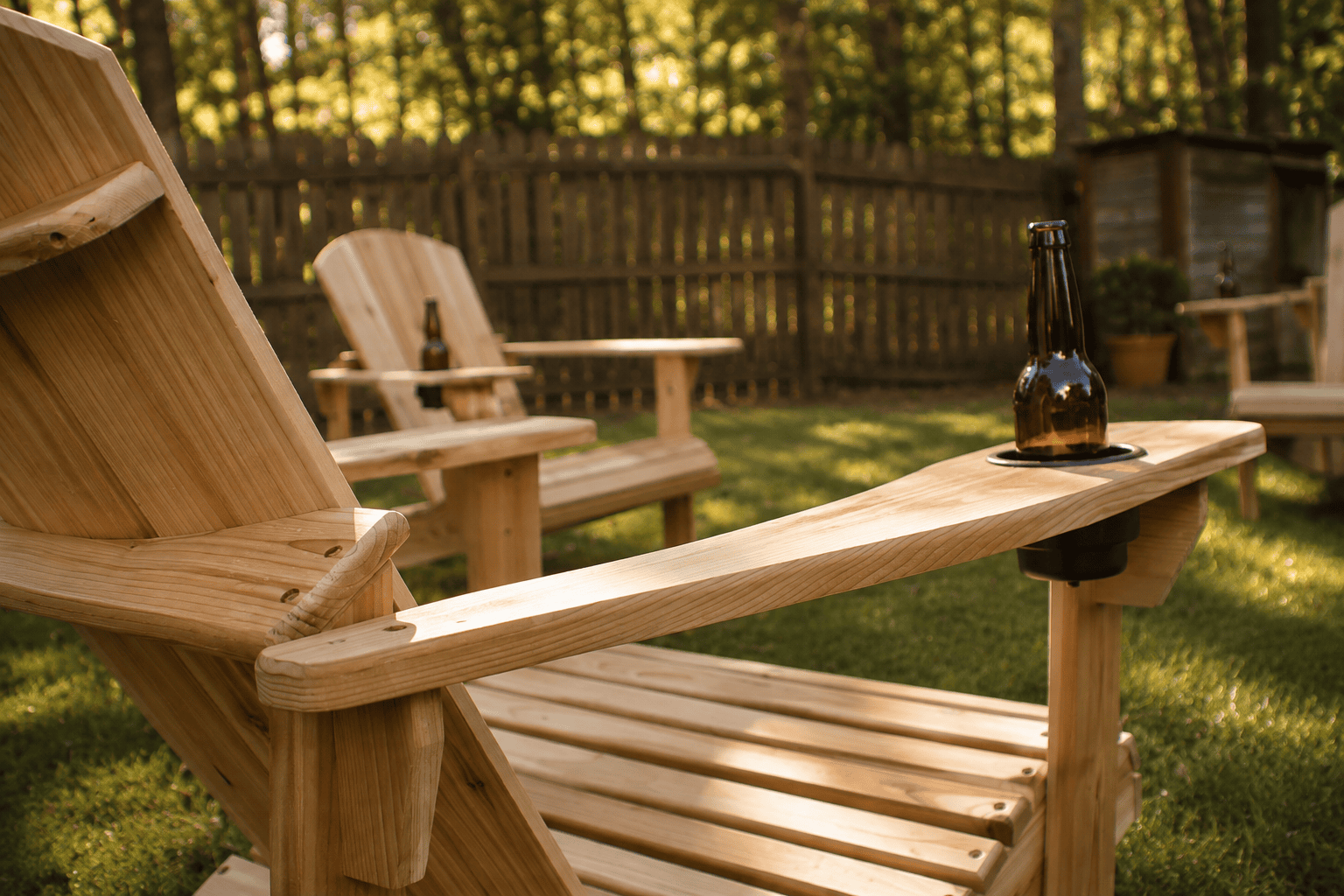 Close-up of handcrafted cedar Adirondack chair with wide armrest and built-in cup holder