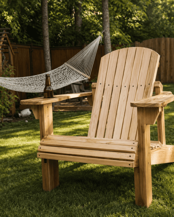 Front view of handcrafted cedar Adirondack chair with wide arms and built-in cup holder