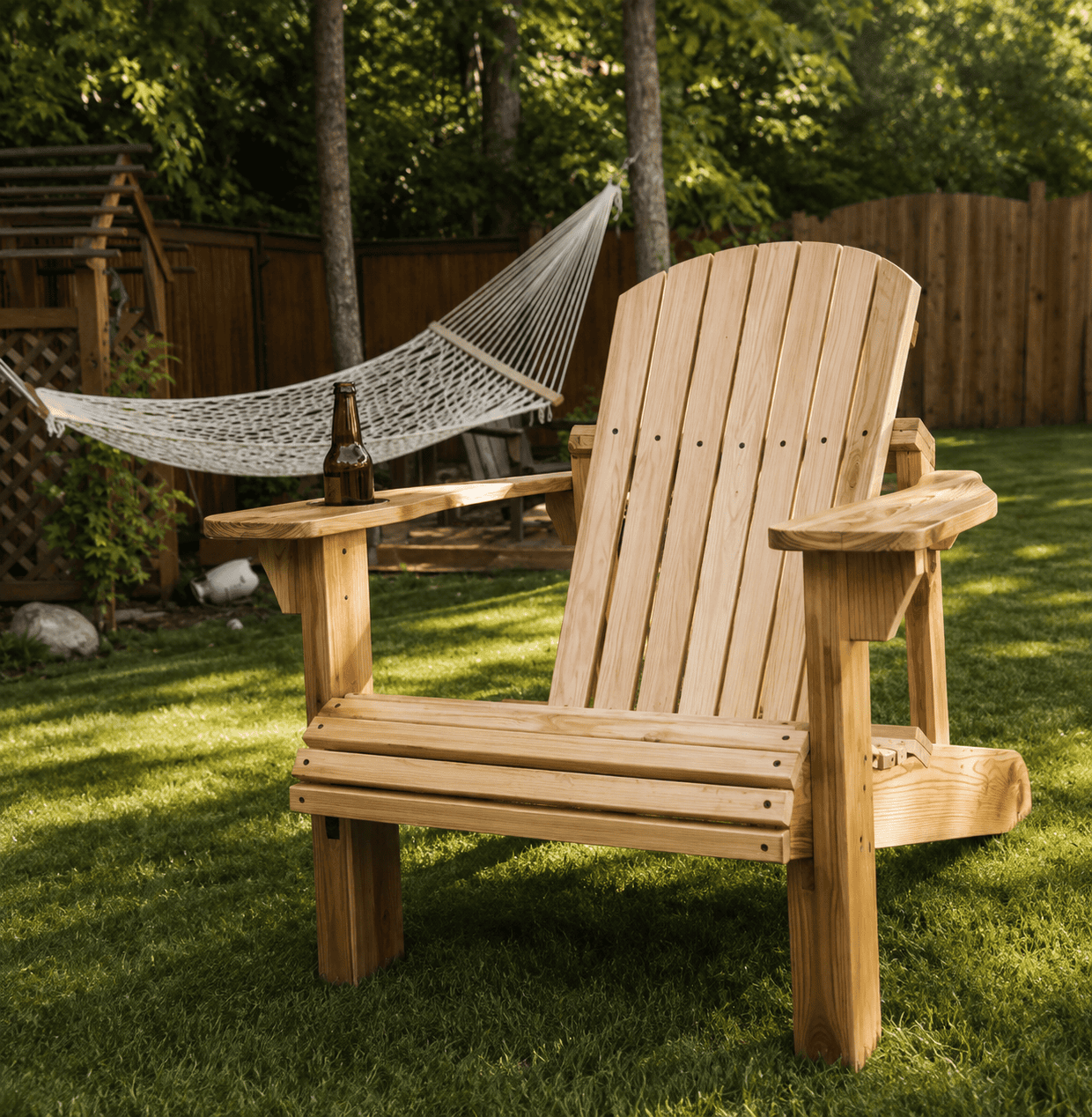 Front view of handcrafted cedar Adirondack chair with wide arms and built-in cup holder