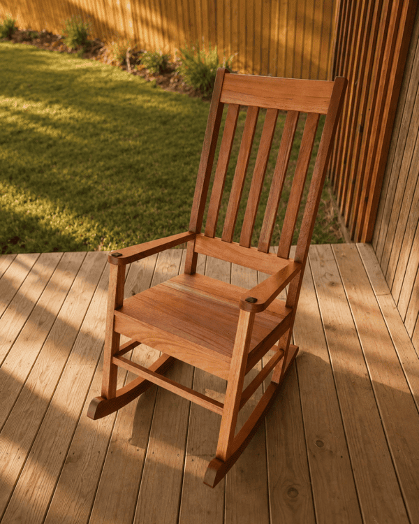 Handcrafted solid mahogany rocking chair with slatted back and curved rockers on an outdoor wood deck