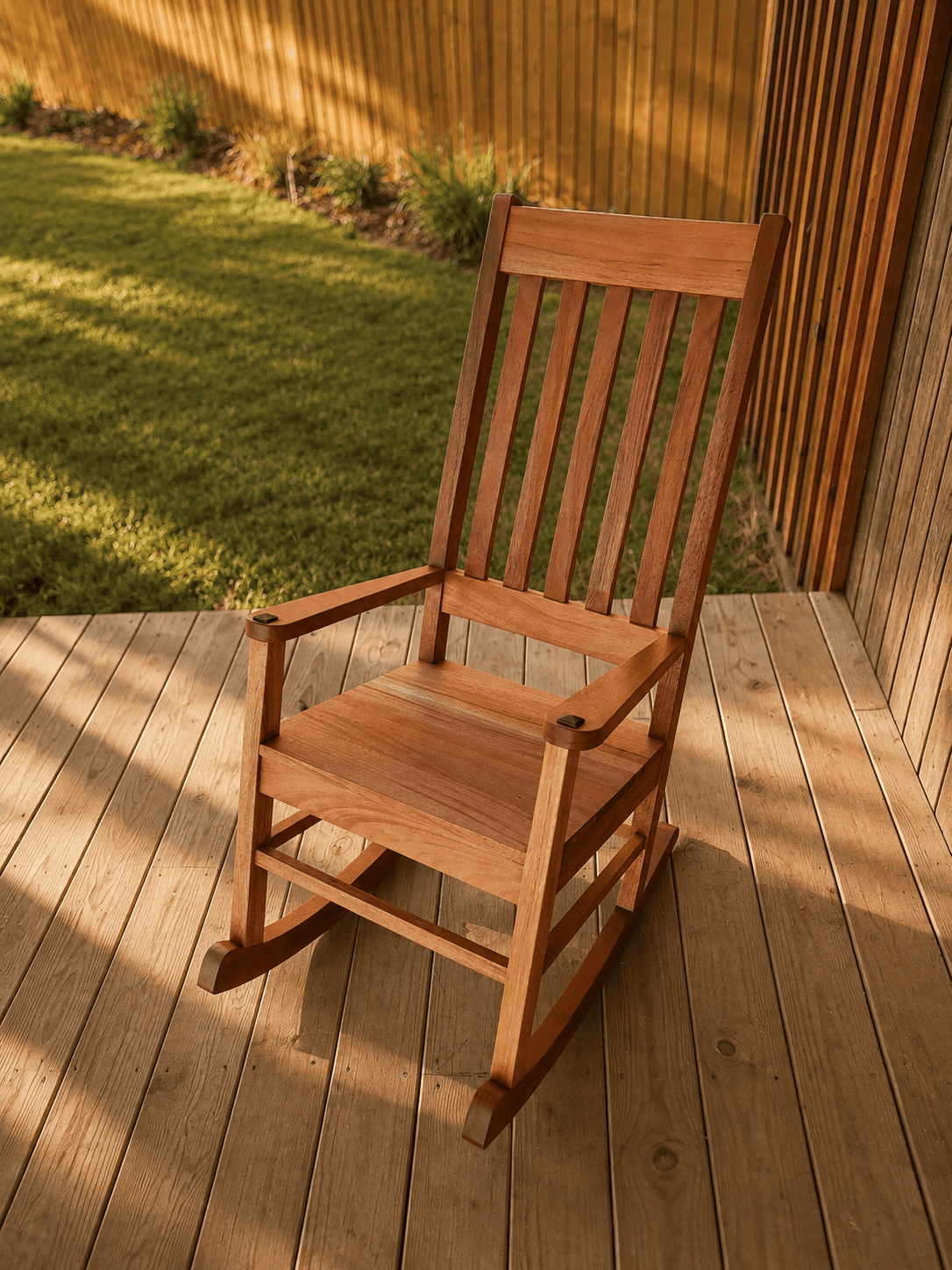 Handcrafted solid mahogany rocking chair with slatted back and curved rockers on an outdoor wood deck