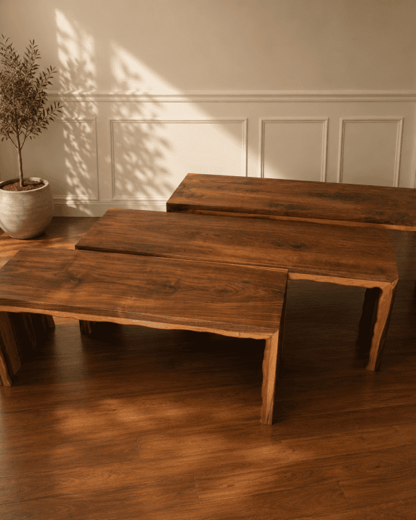 Three handcrafted live edge walnut waterfall benches in graduated sizes displayed in a warm modern interior.