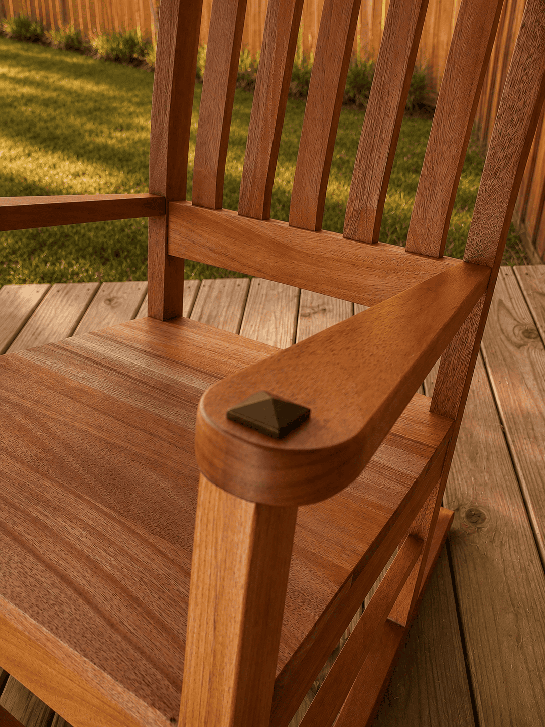 Close-up of handcrafted mahogany rocking chair showing wood grain, slatted back, seat and armrest joinery