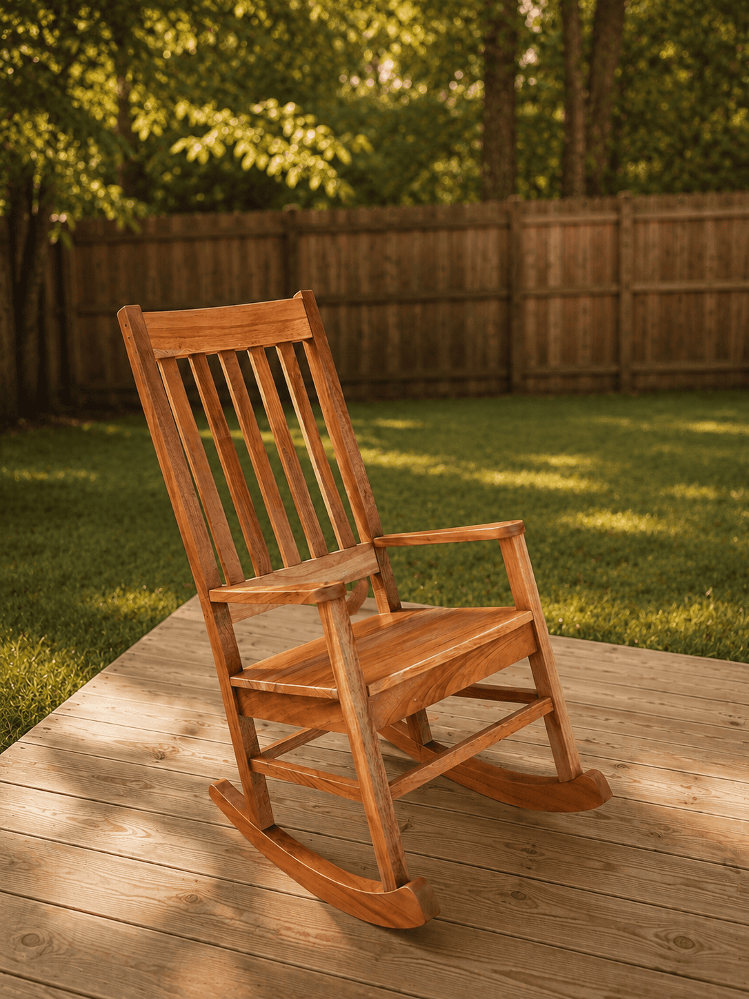 Solid mahogany rocking chair featuring a slatted back, wood seat and handcrafted armrests