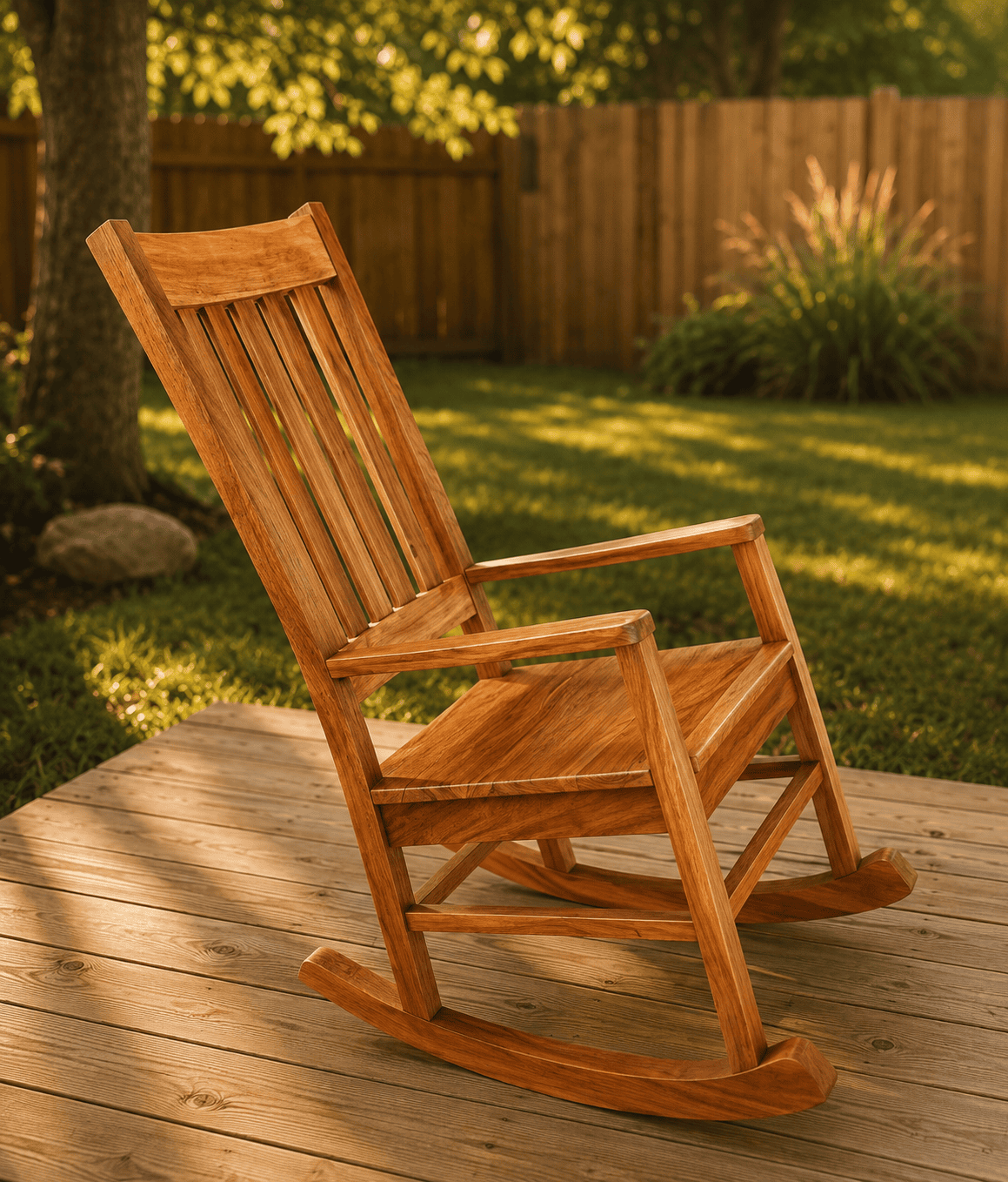 Handcrafted mahogany rocking chair with curved rockers, slatted back and solid wood construction