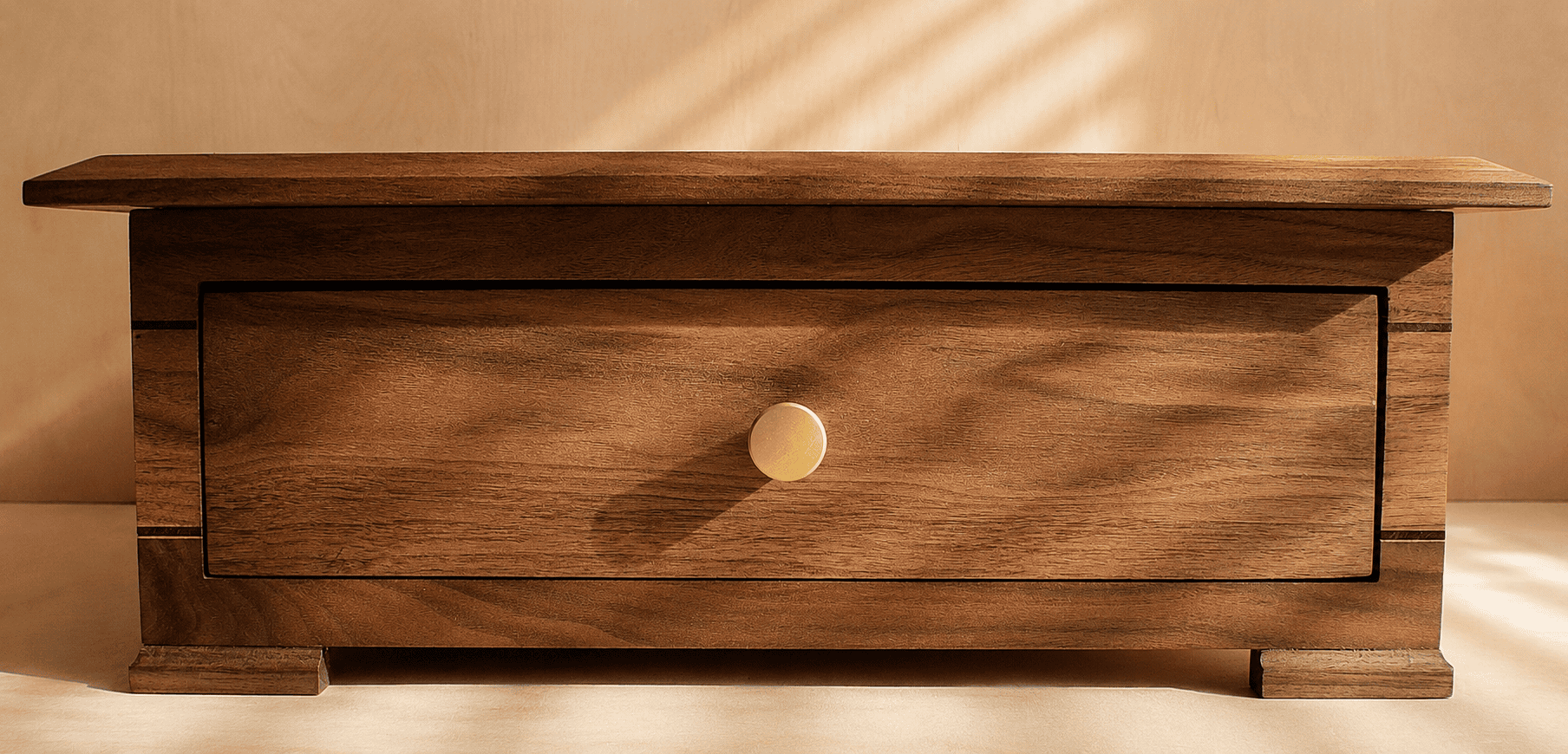 Front view of handcrafted walnut chess side table with drawer