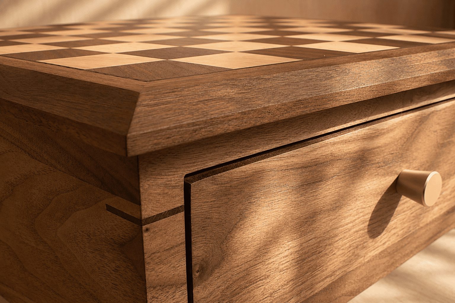 Walnut chess side table corner detail with chessboard top