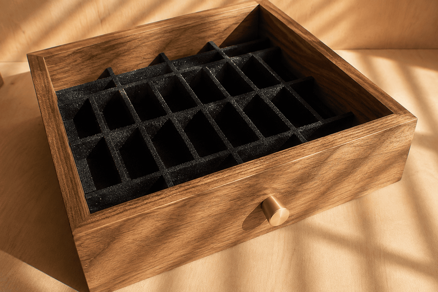 Open walnut chess table storage with custom foam chess piece organizer