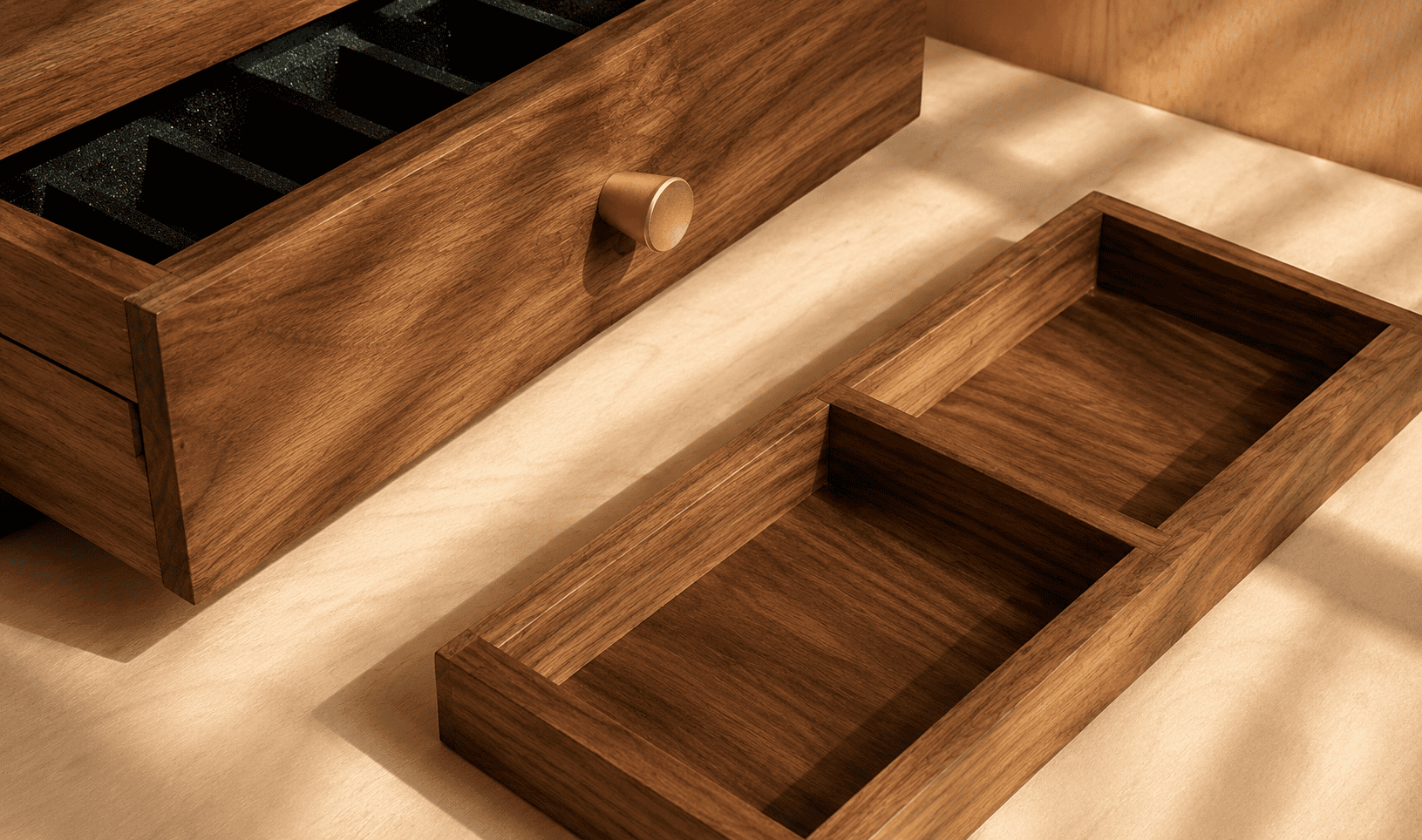 Walnut chess table with removable wood chess piece storage trays