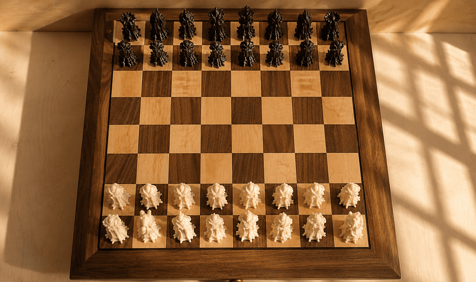 Walnut and maple chess table with sculptural chess pieces