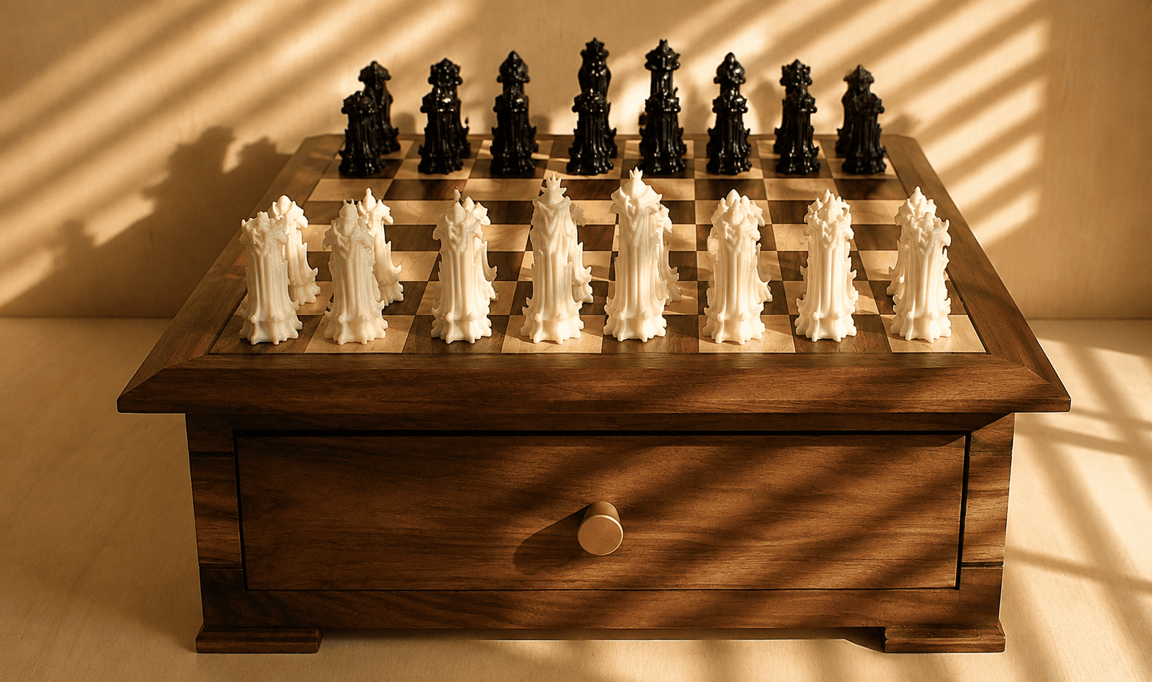 Handcrafted walnut chess side table with complete chess set