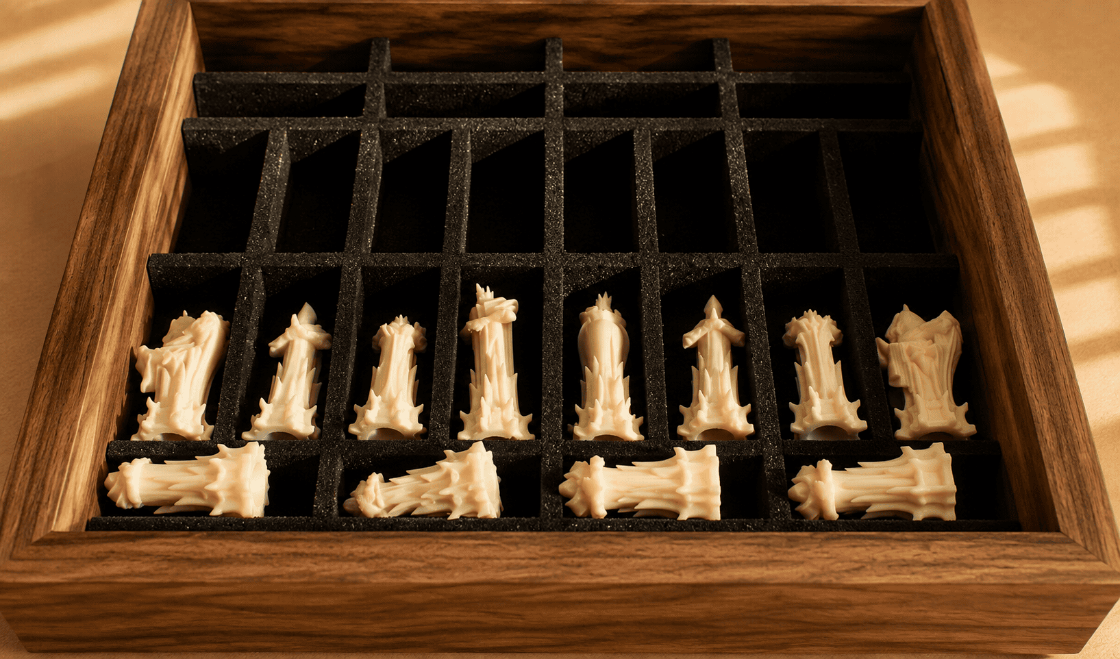 Walnut chess table drawer with fitted chess piece storage