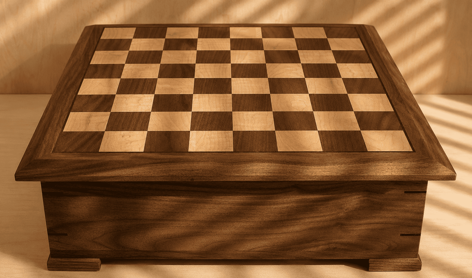 Handcrafted walnut and maple chessboard table with storage base
