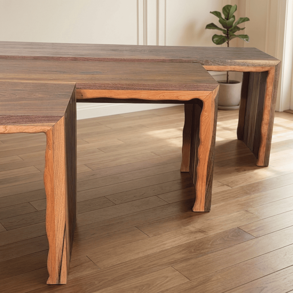 Three solid walnut waterfall benches featuring natural live edges, rich wood grain, and handcrafted joinery.