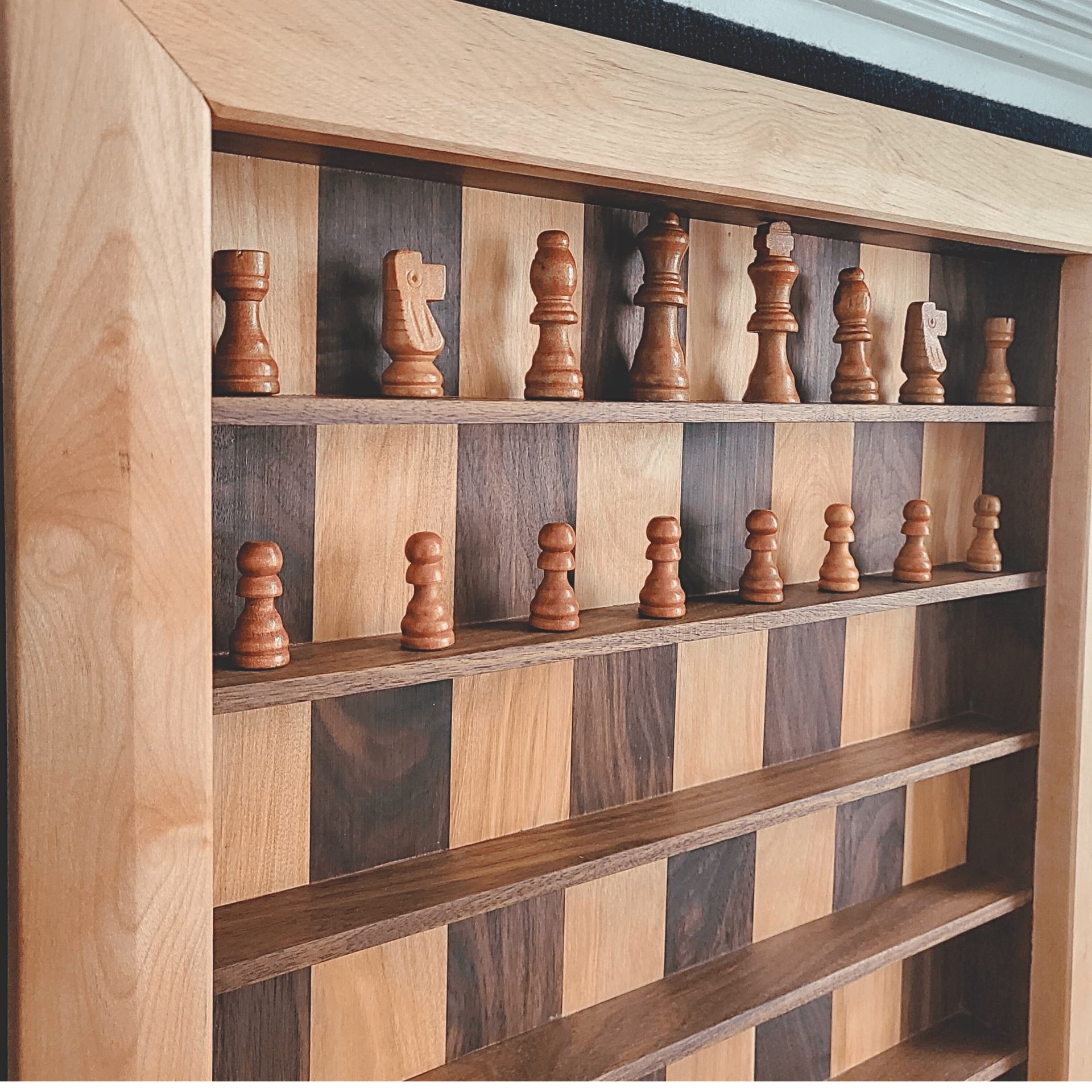 Vertical Wall-Mounted Chessboard in Walnut and Maple