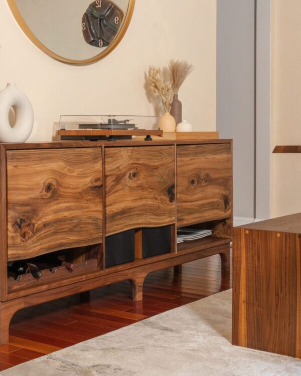 Handcrafted walnut sideboard with continuous-grain sweetgum live edge doors