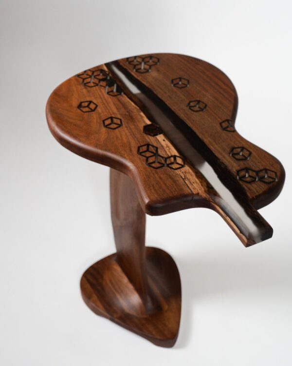 Handcrafted live edge walnut side table with epoxy river and sculptural pedestal base