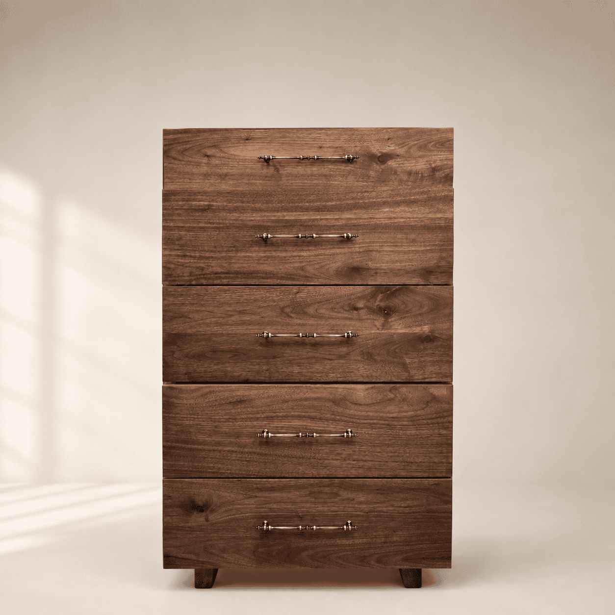 Handcrafted modern solid walnut dresser with brass hardware, featuring natural walnut grain, clean lines, and premium custom craftsmanship.
