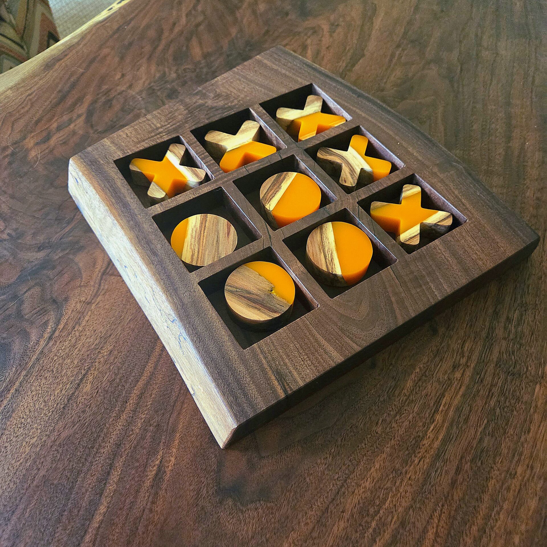 Live Edge Walnut Tic Tac Toe with Orange Resin