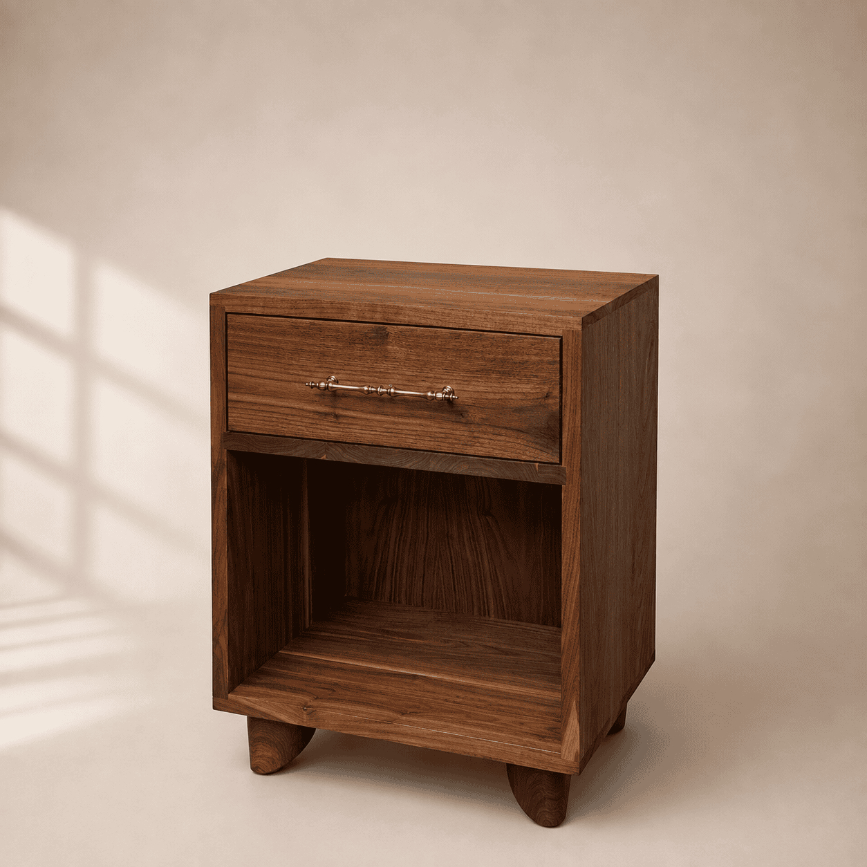 Custom solid walnut nightstand with drawer, open shelf and sculpted wood legs