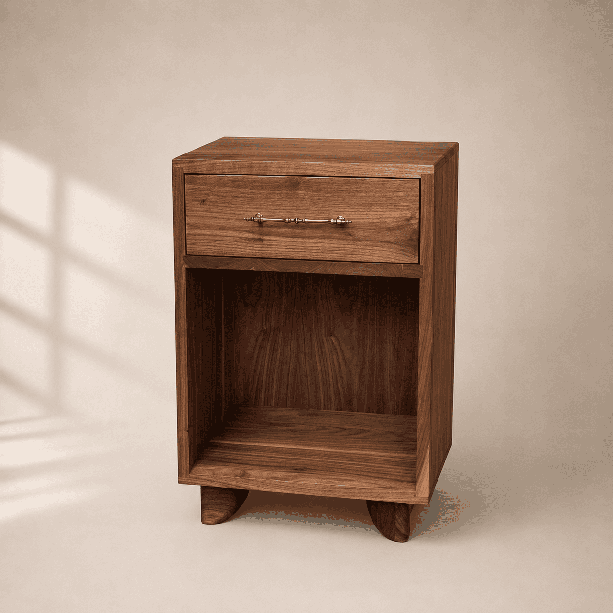 Solid walnut nightstand with drawer, open shelf and sculpted wood legs