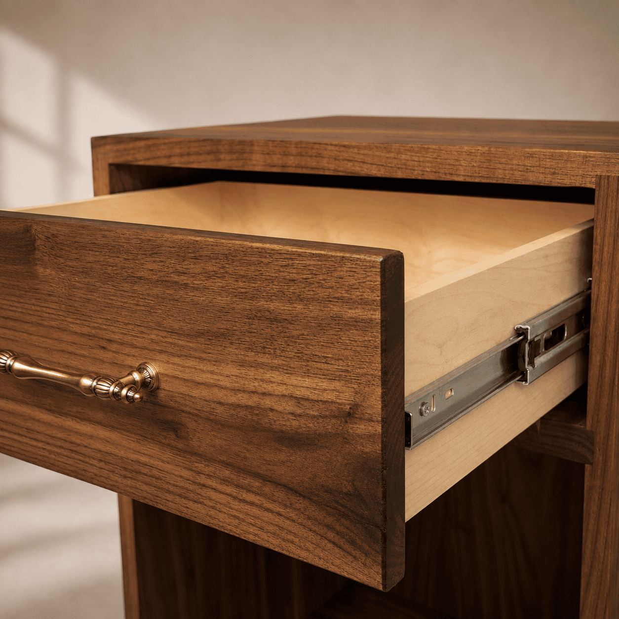 Open drawer detail on custom solid walnut nightstand with metal drawer slides