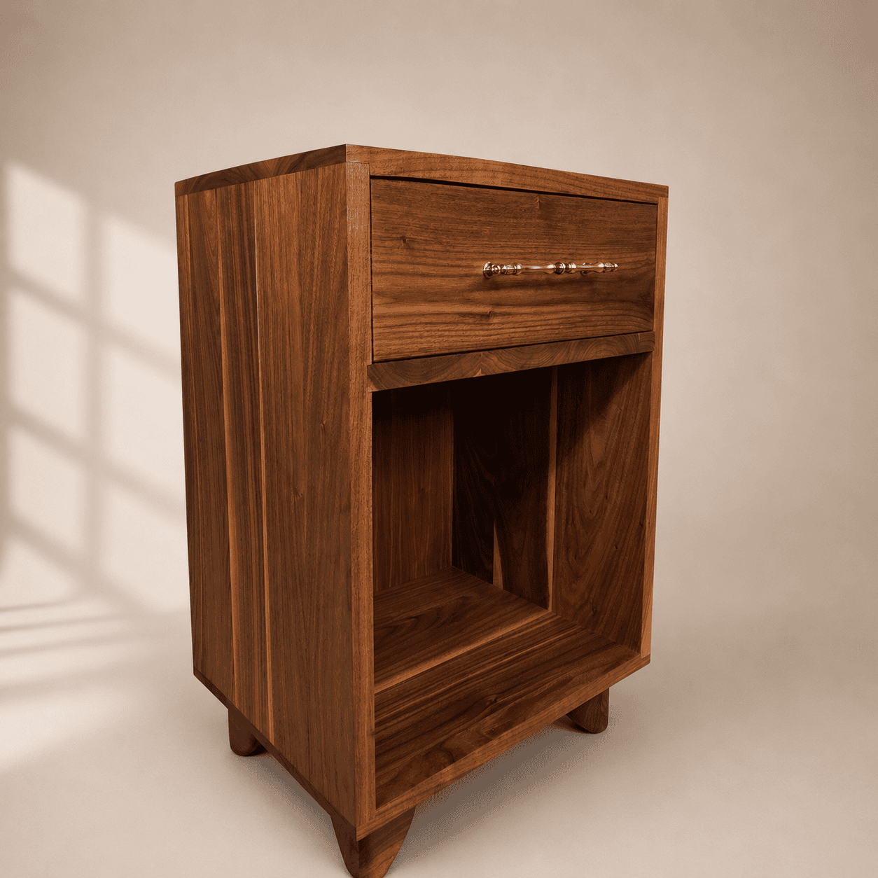 Custom solid walnut nightstand shown from side angle with drawer and open shelf