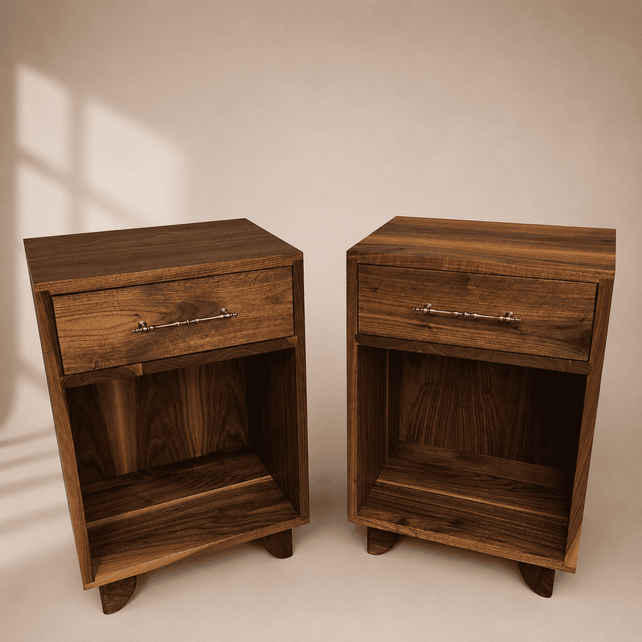 Pair of matching solid walnut nightstands with drawers and open storage shelves