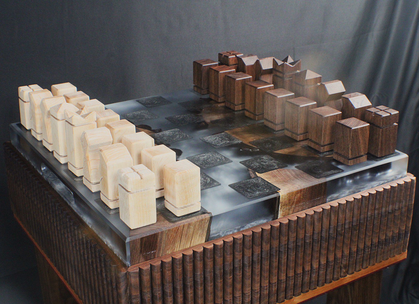 Modern Walnut Chess Table with Resin Top and Hidden Storage