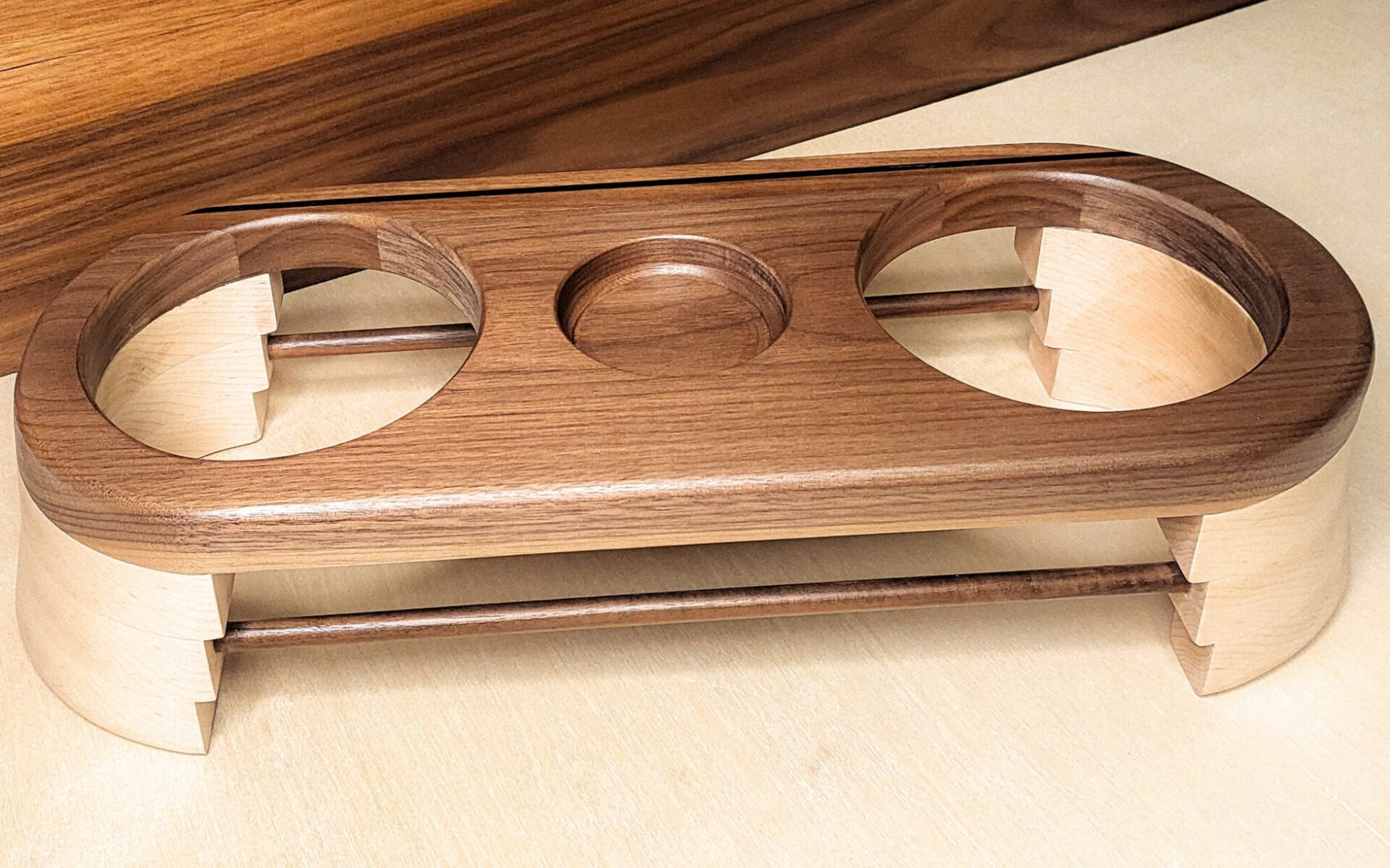 Walnut and Maple Raised Pet Feeder – Elegant Dual-Tone Design with Treat Bowl