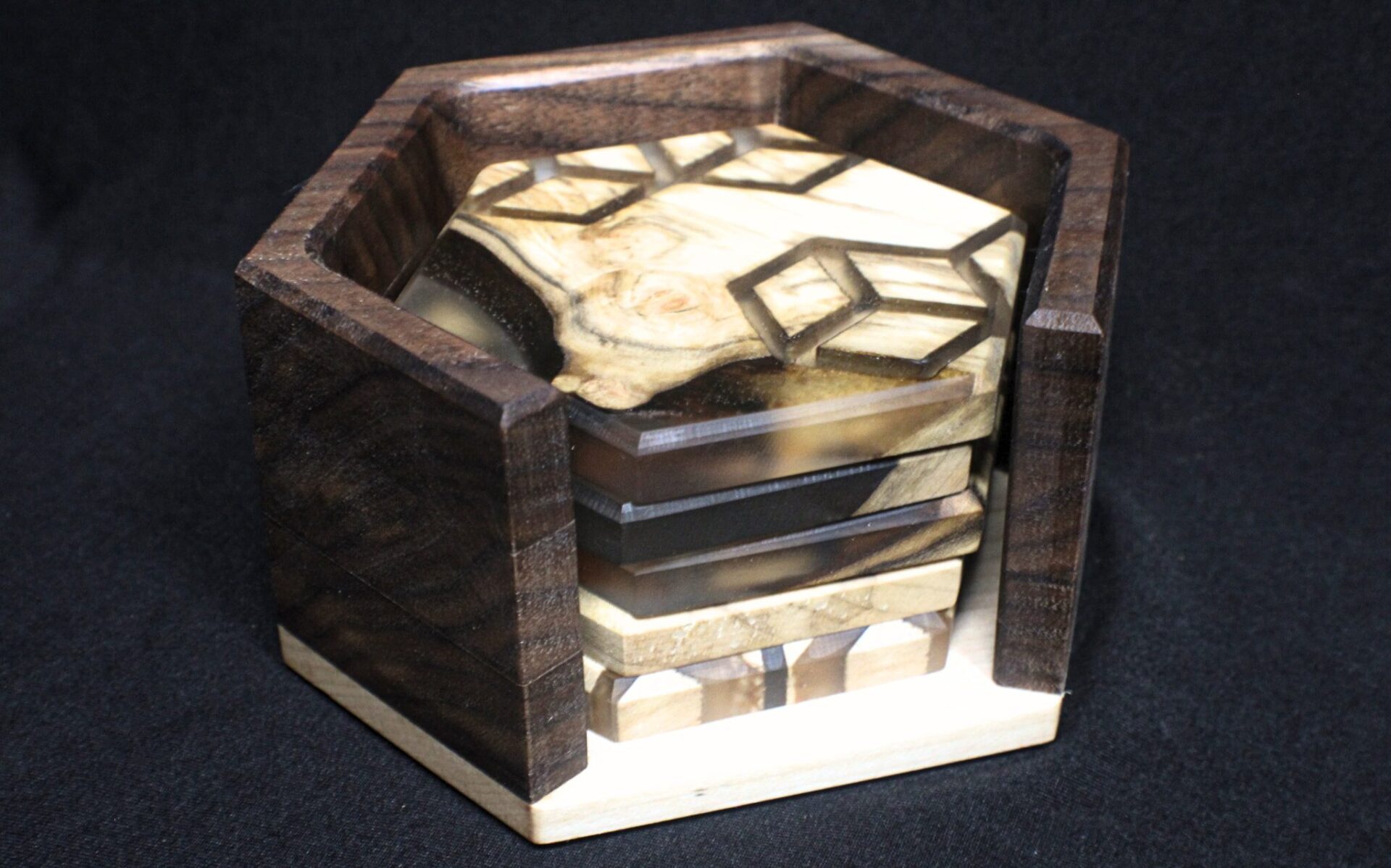 Hexagon Wood and Resin Coaster Set with Walnut Holder