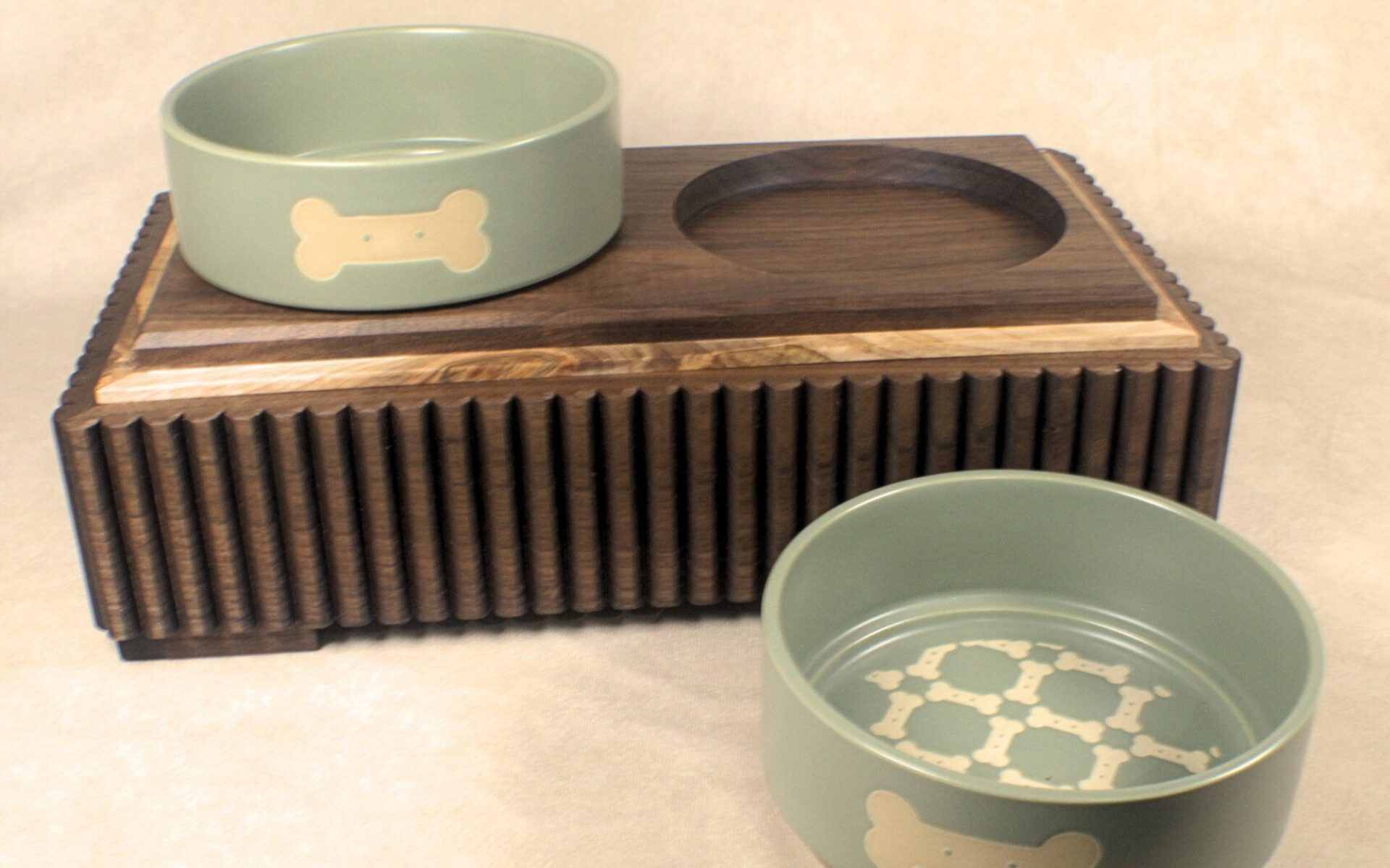 Modern Walnut Fluted Pet Feeder with Ceramic Bowls