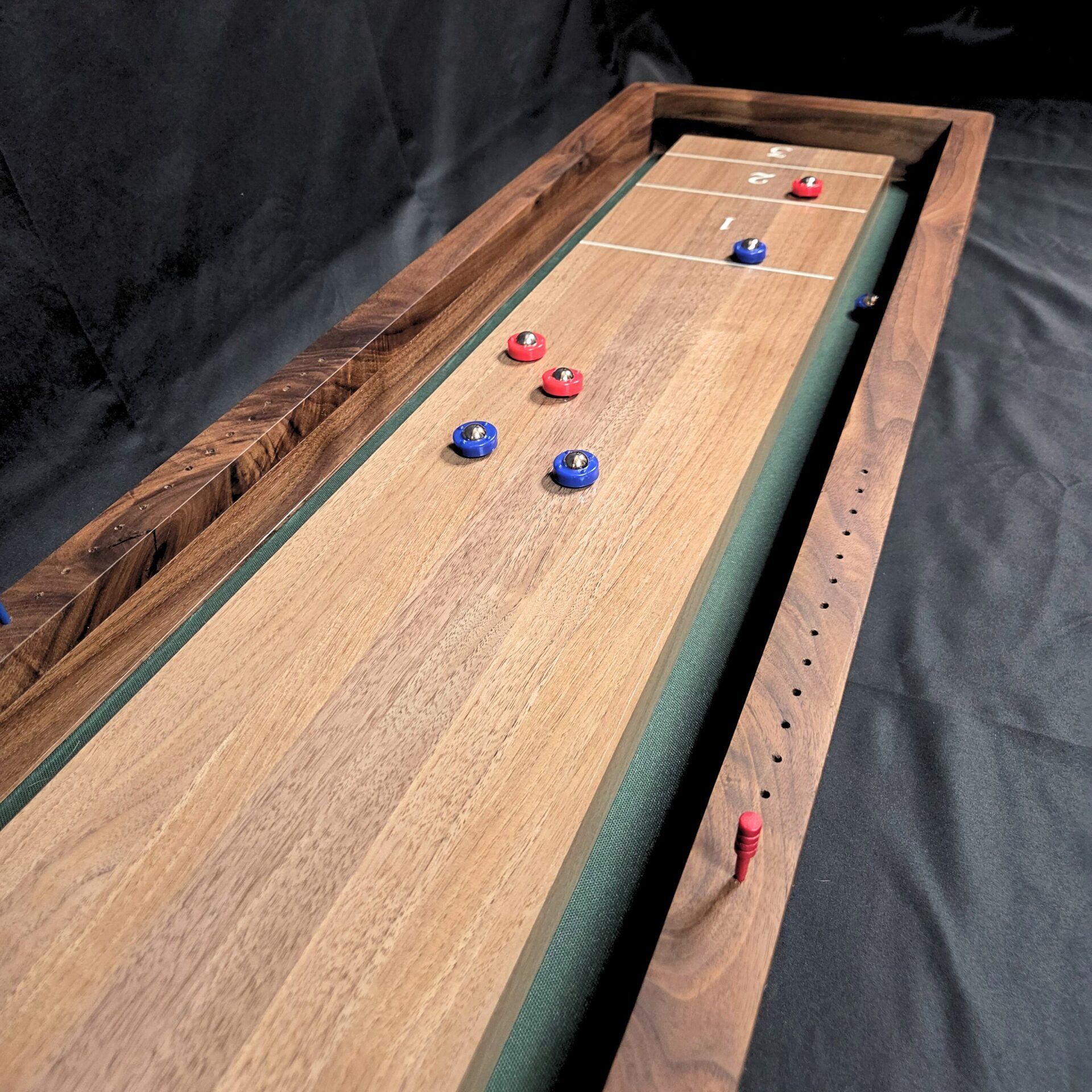 Walnut Shuffleboard with Gloss Finish and Green Fabric Base