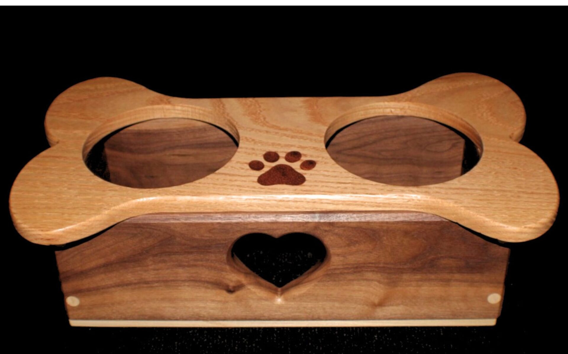 White Oak & Walnut Dog Feeder with Heart Detail