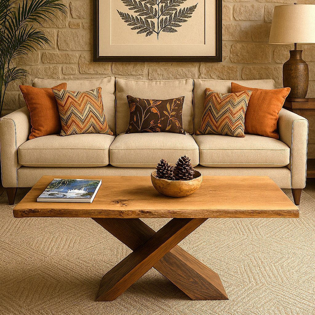 Live-Edge White Oak Coffee Table with Walnut X-Base