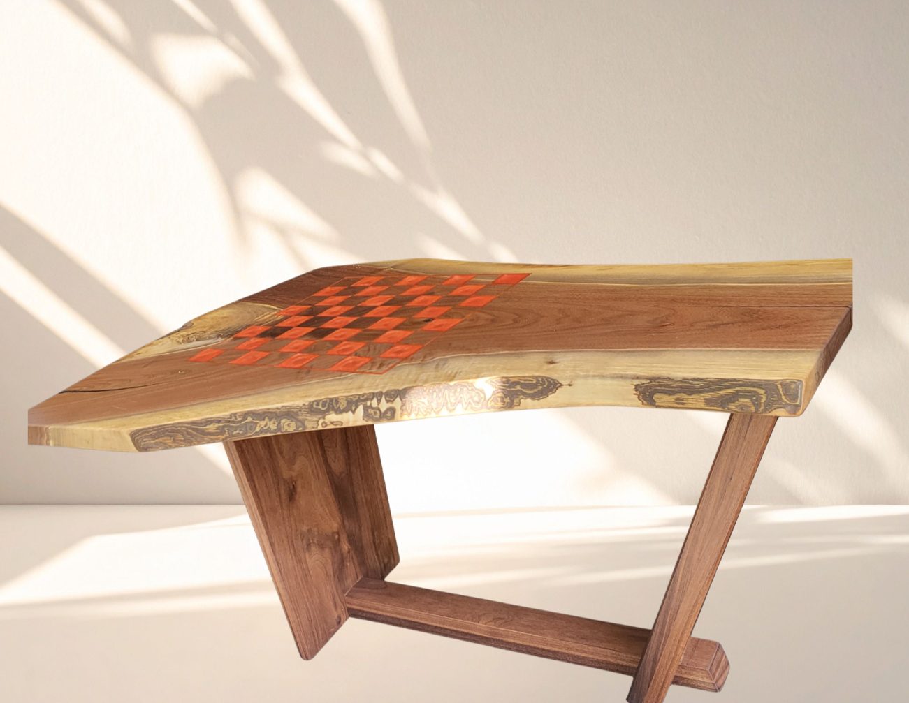 Walnut Live Edge Chess Table with Resin Inlay