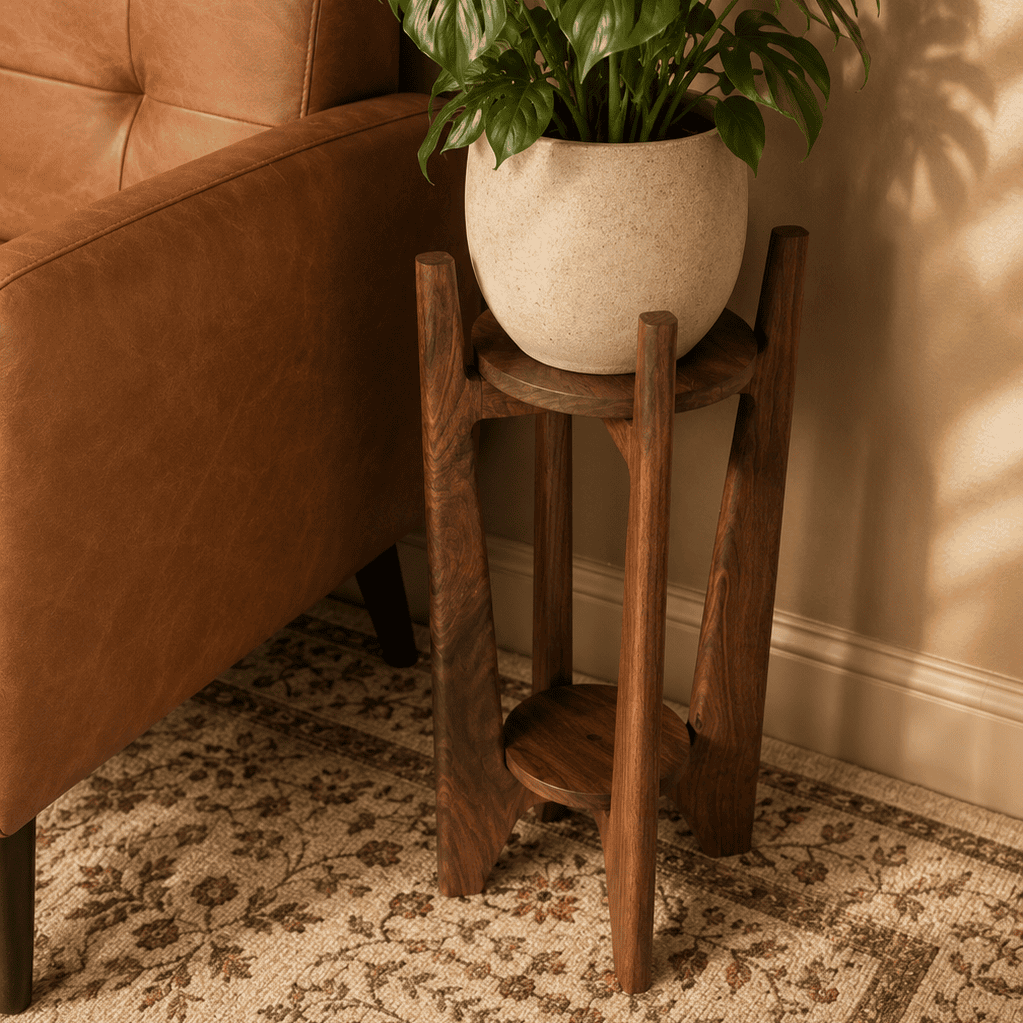 Handcrafted walnut plant stand with sculptural curved legs and two-tier design beside a leather chair.