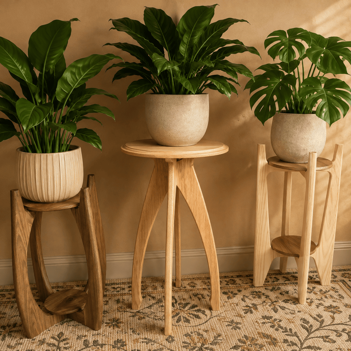Collection of handcrafted solid wood plant stands with sculptural curved designs displaying large indoor plants.
