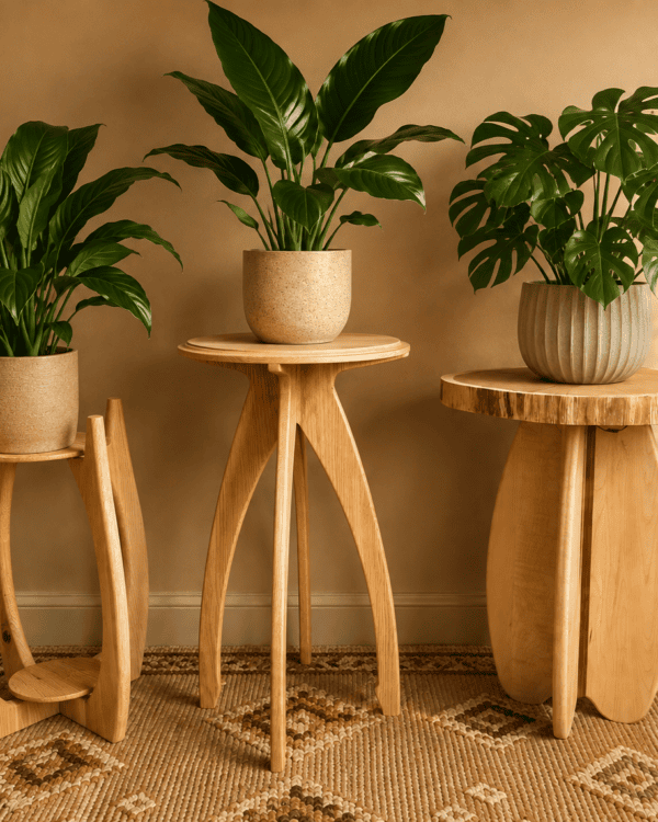 Handcrafted solid wood plant stands with sculptural curved legs displaying large indoor plants.