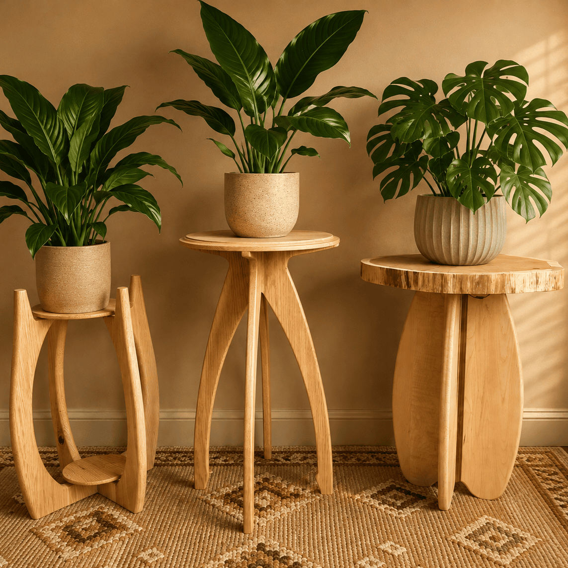 Handcrafted solid wood plant stands with sculptural curved legs displaying large indoor plants.