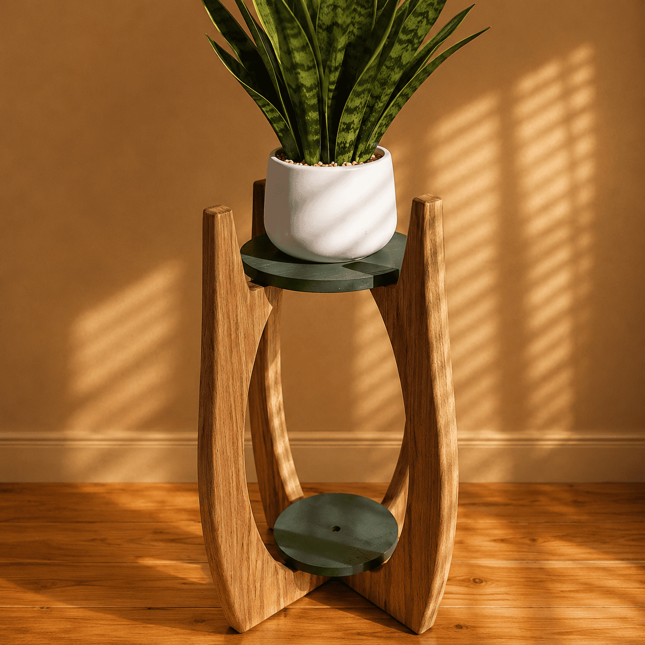 Handcrafted solid wood plant stand with sculptural curved legs, green shelves, and a large indoor snake plant.