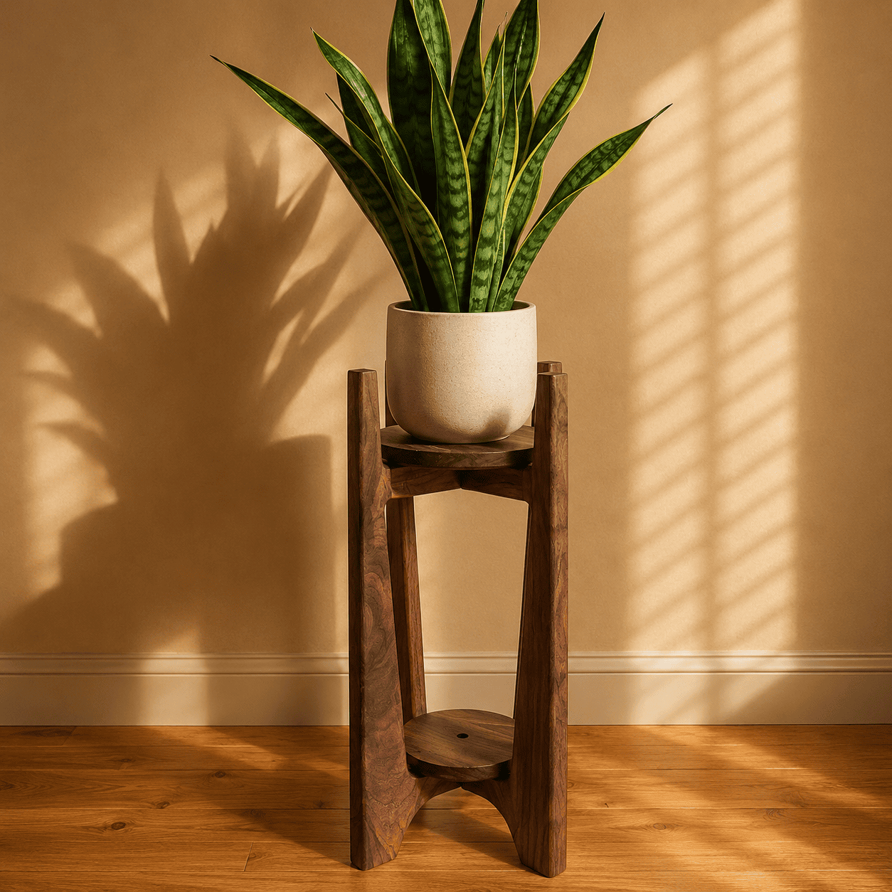 Handcrafted walnut plant stand with sculptural curved legs displaying a large indoor snake plant.