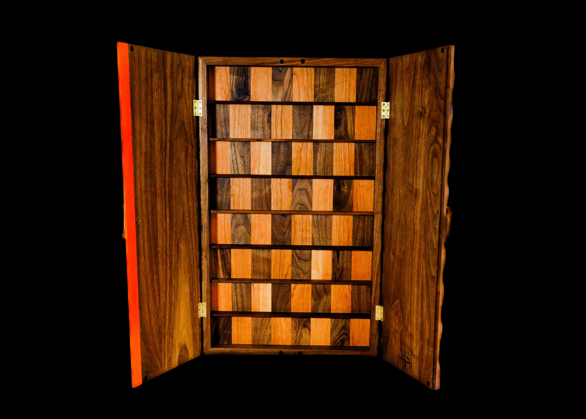 Open handcrafted walnut chessboard with solid wood playing surface